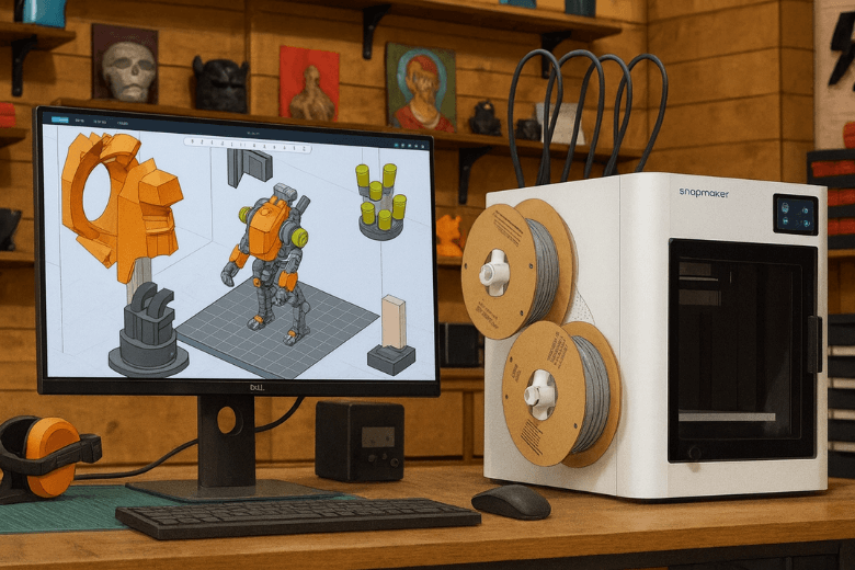 A 3D printing workspace with a computer running 3D modeling software next to a modern 3D printer, showing examples for choosing the best 3D printer for your needs.