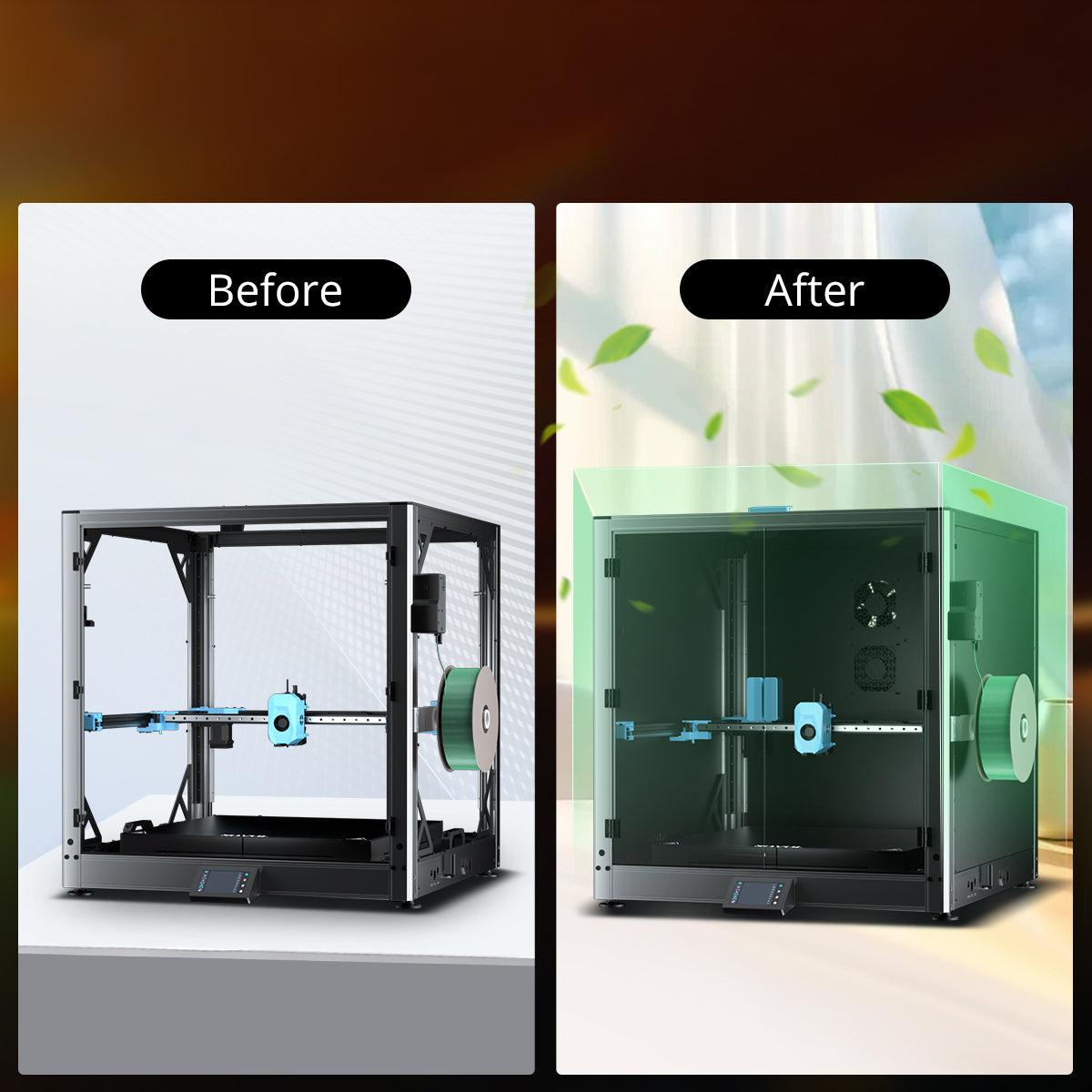 Before and after comparison of a 3D printer with a clear enclosure.