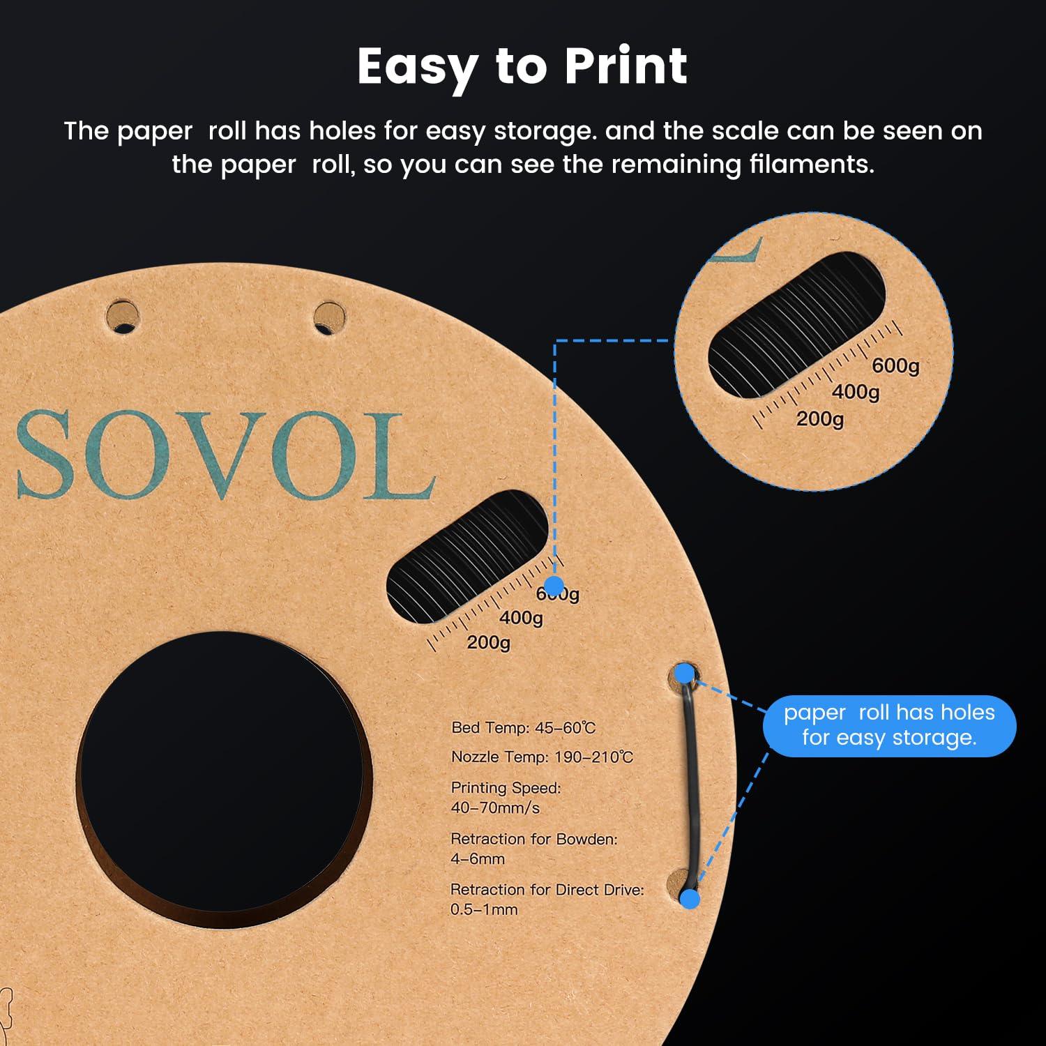 Sovol Black/White/Gray/Blue PLA 3D Printing Filament 2KG Cardboard Spool (4.4lbs)