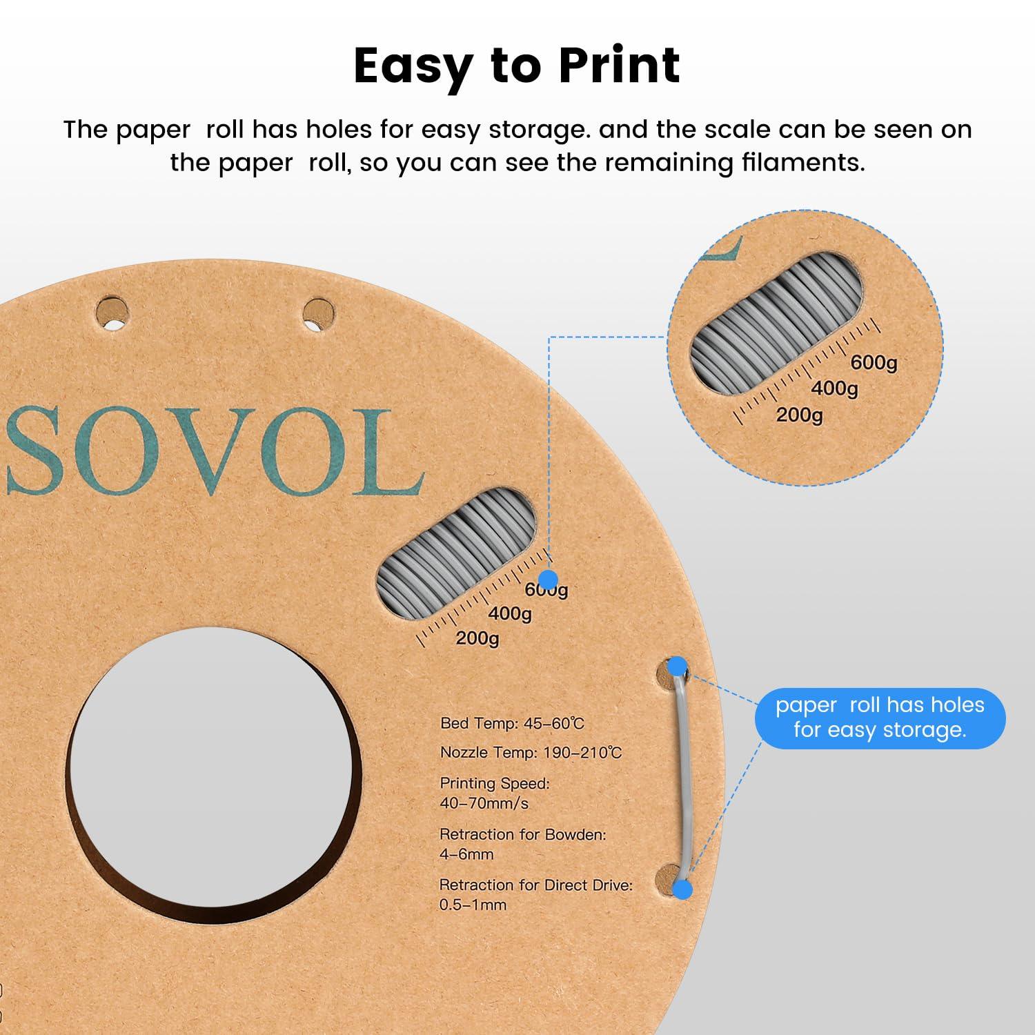 Sovol Black/White/Gray/Blue PLA 3D Printing Filament 2KG Cardboard Spool (4.4lbs)