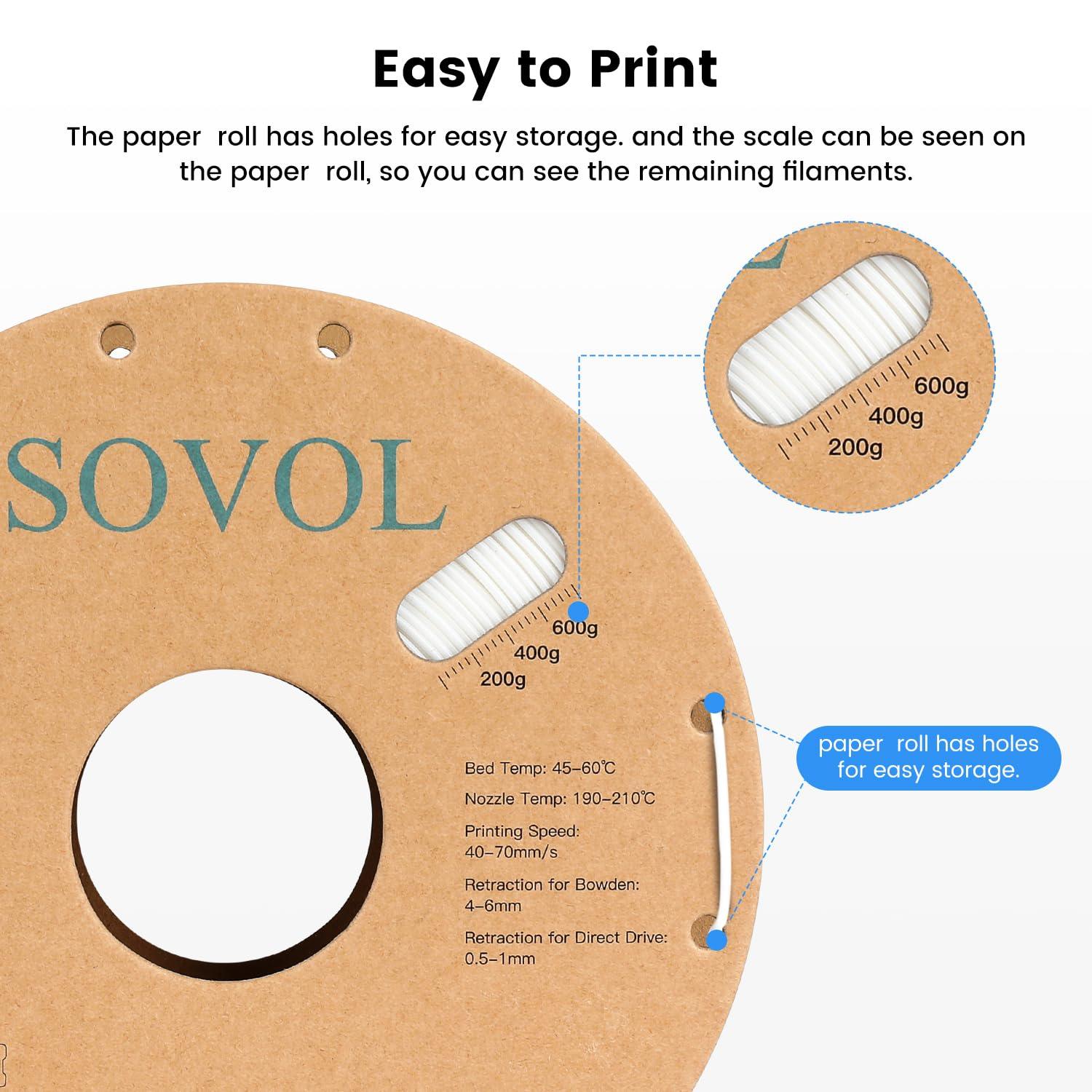 Sovol Black/White/Gray/Blue PLA 3D Printing Filament 2KG Cardboard Spool (4.4lbs)