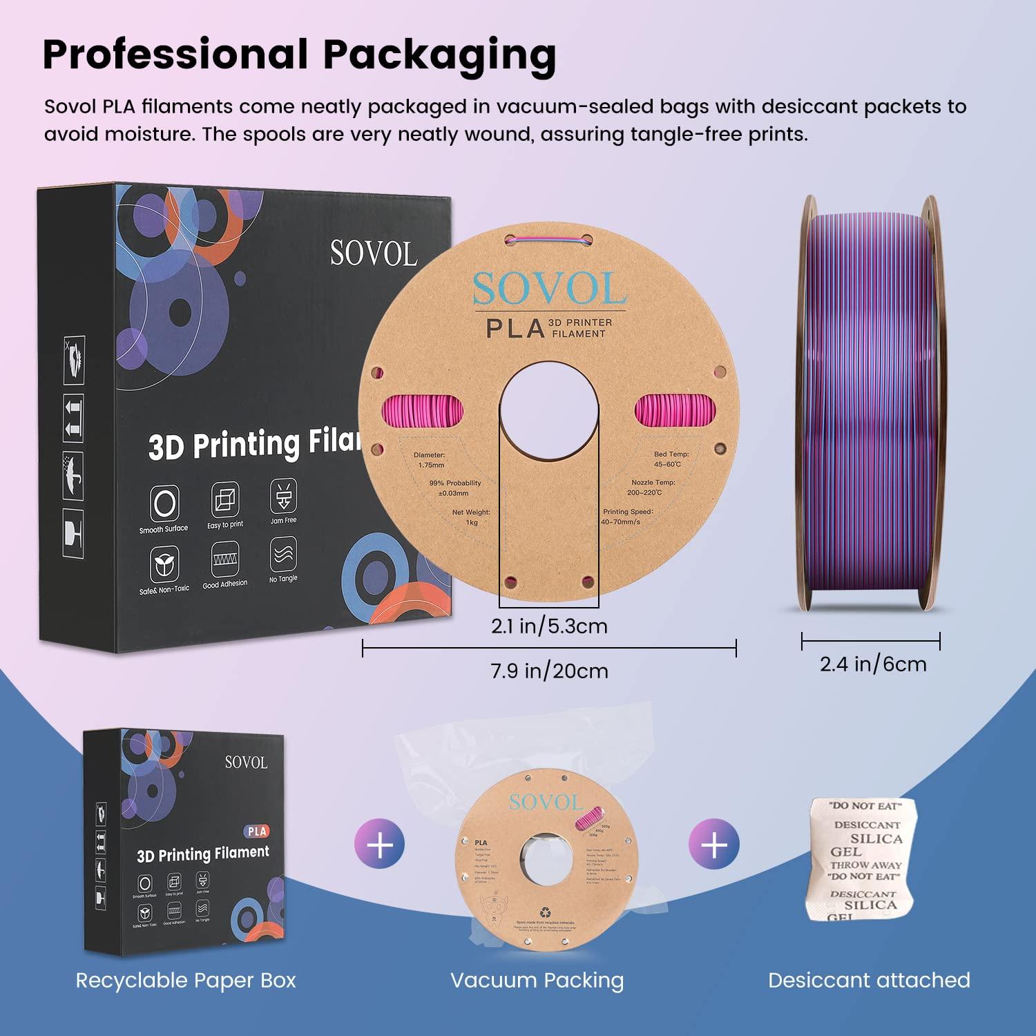Sovol Silk PLA 3D Printing Filament Single/Dual/Tri/Rainbow Colors 1.75mm Material From the US