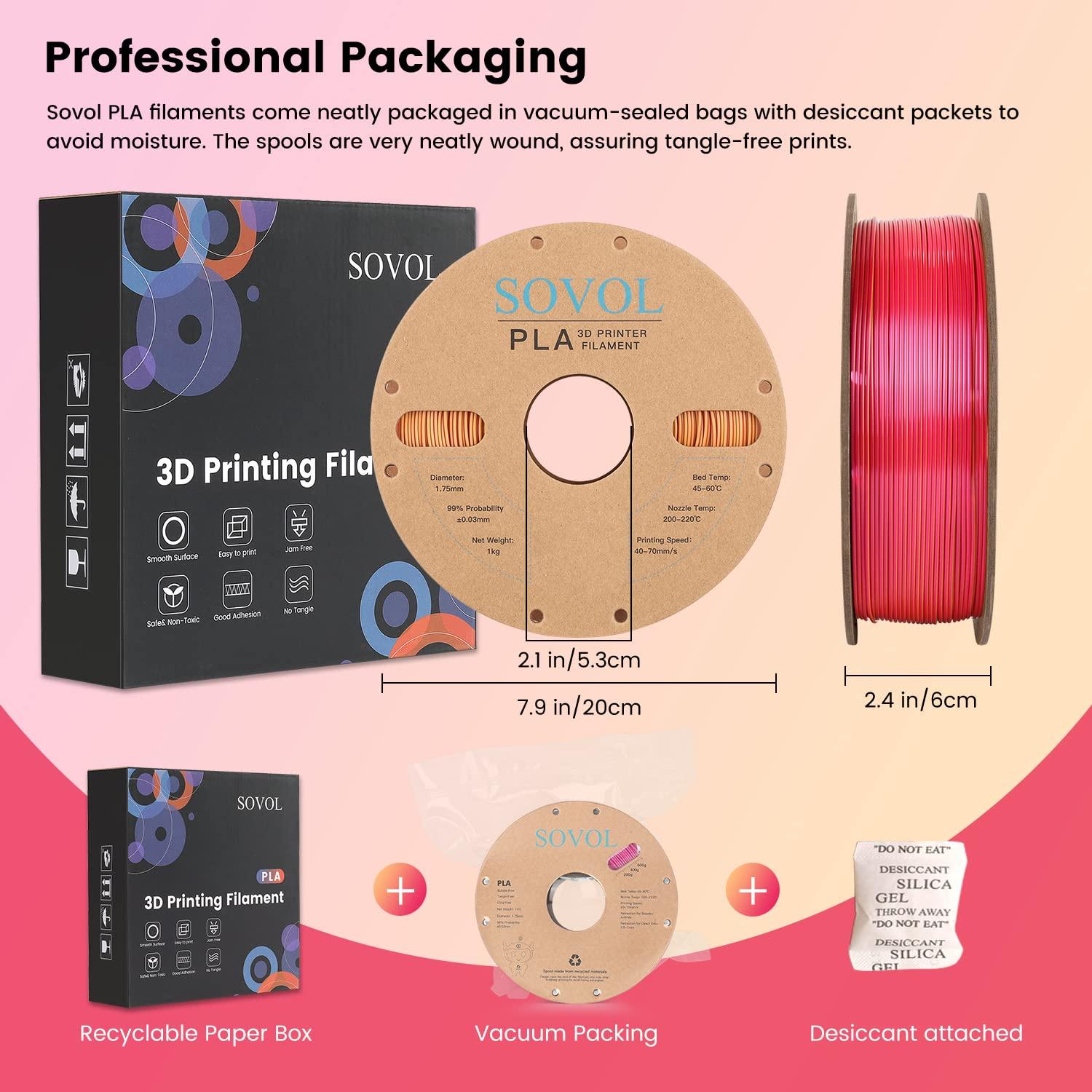 Sovol Silk PLA 3D Printing Filament Single/Dual/Tri/Rainbow Colors 1.75mm Material From the US