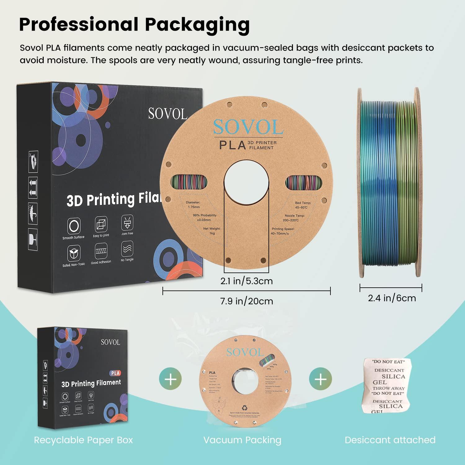 Sovol Silk PLA 3D Printing Filament Single/Dual/Tri/Rainbow Colors 1.75mm Material From the US