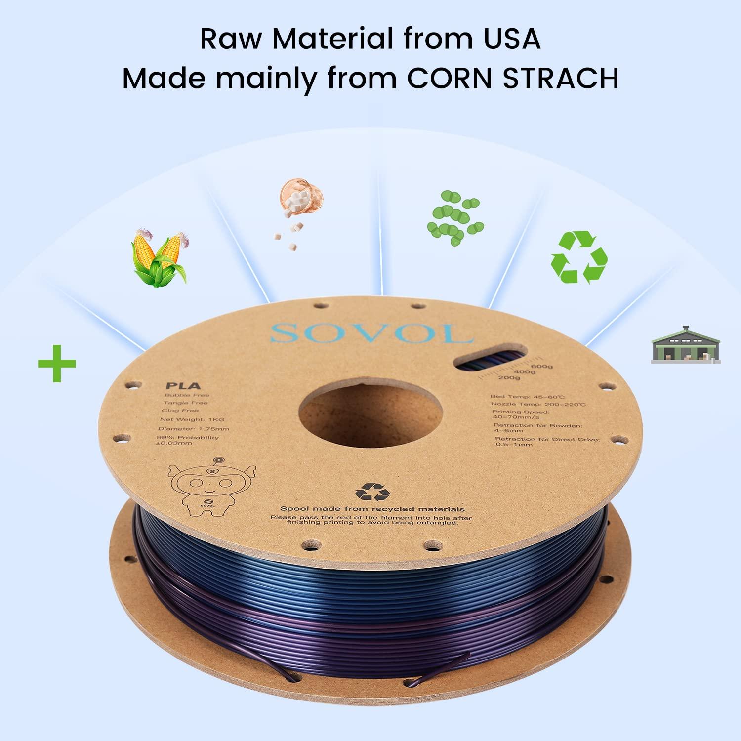 Sovol Silk PLA 3D Printing Filament Single/Dual/Tri/Rainbow Colors 1.75mm Material From the US