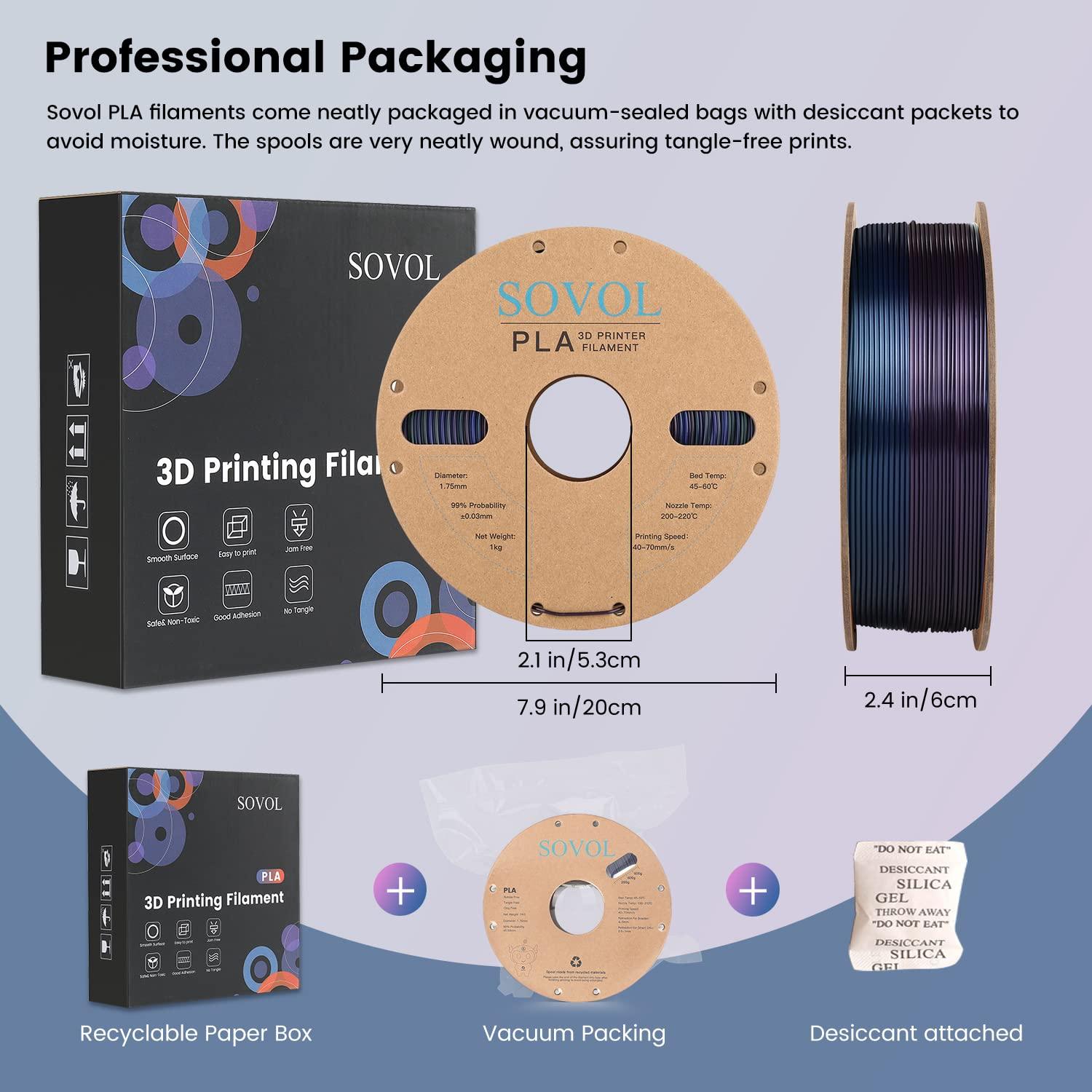 Sovol Silk PLA 3D Printing Filament Single/Dual/Tri/Rainbow Colors 1.75mm Material From the US
