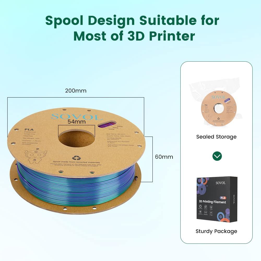 Sovol Silk PLA 3D Printing Filament Single/Dual/Tri/Rainbow Colors 1.75mm Material From the US