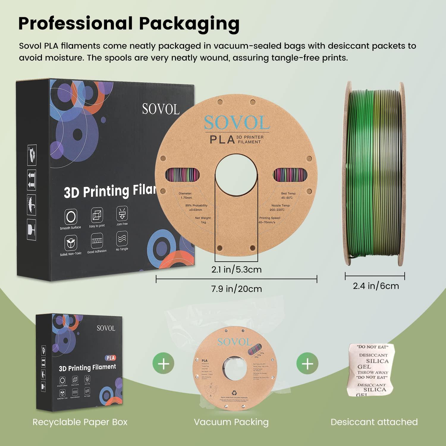 Sovol Silk PLA 3D Printing Filament Single/Dual/Tri/Rainbow Colors 1.75mm Material From the US