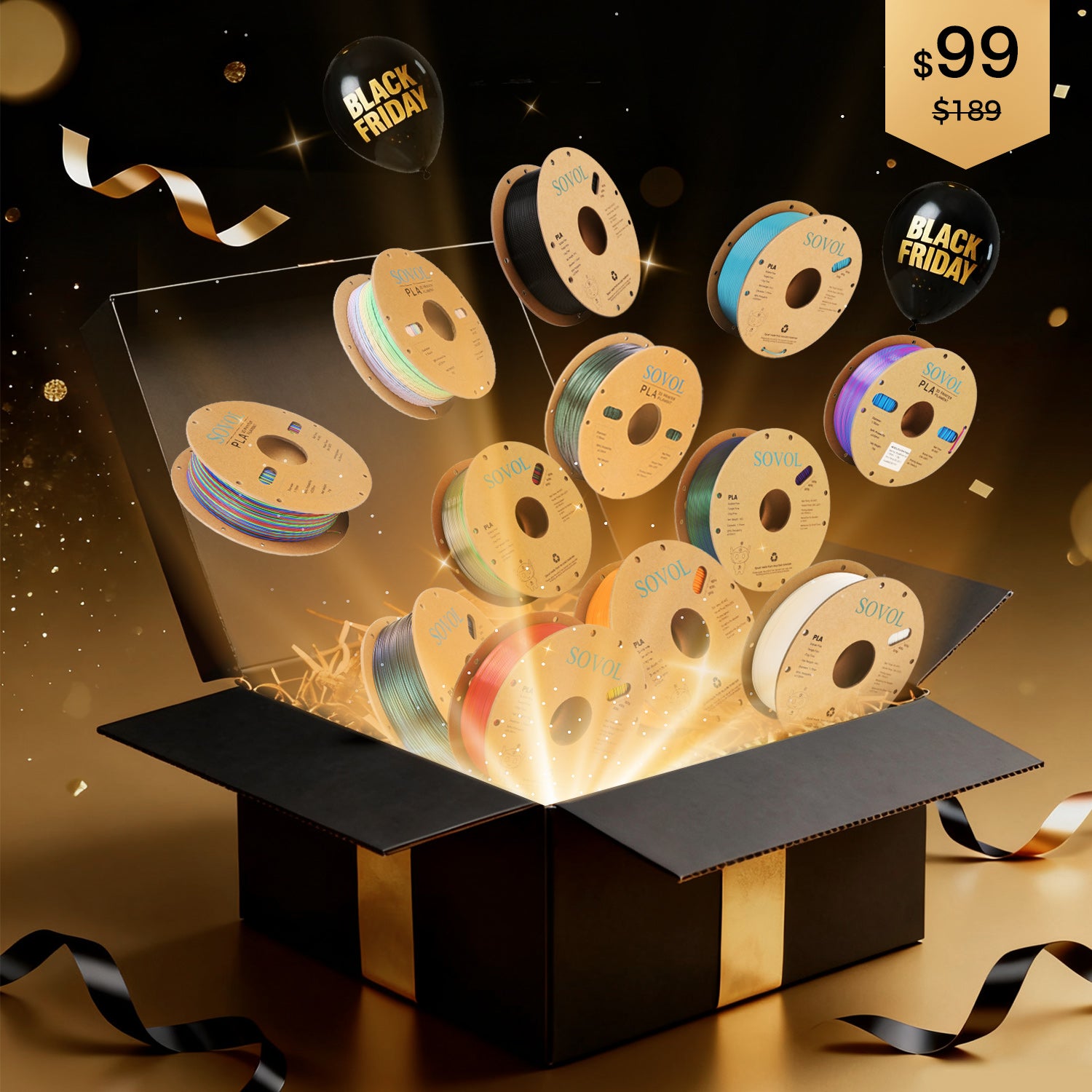 Sovol Black Friday golden background with glowing lights and festive decorations.