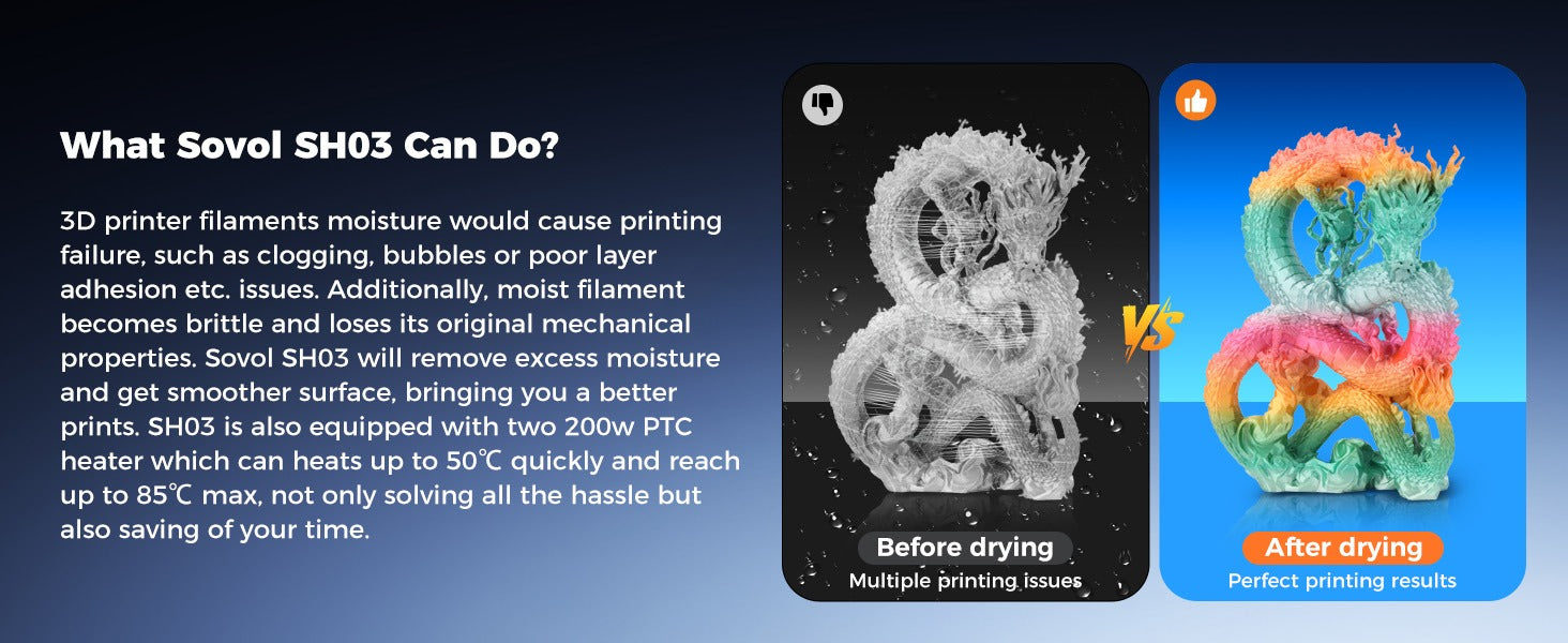 Before and after filament drying comparison using the Sovol SH03, showing improved print quality after moisture removal.