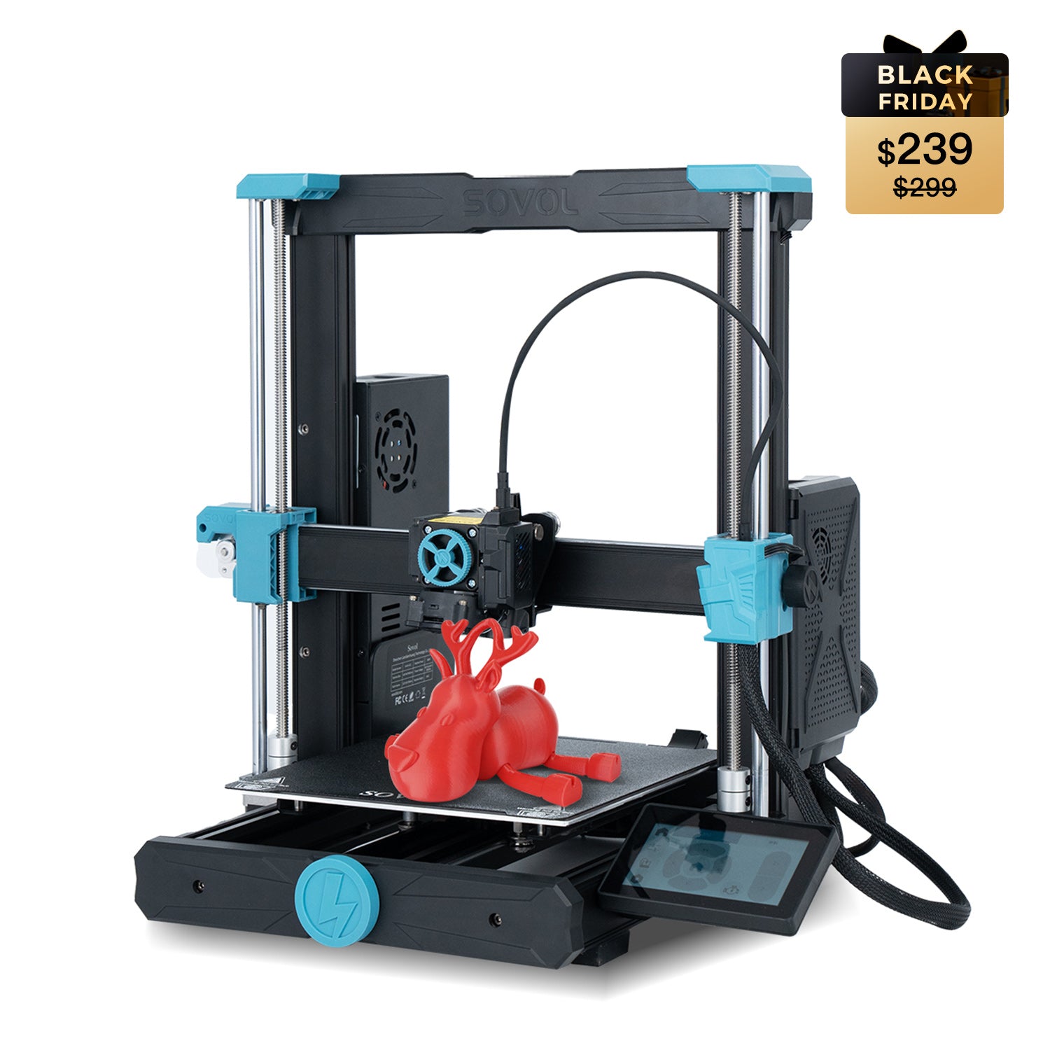 Sovol SV06 ACE 3D printer Black Friday promotion showing compact printer with red model print.