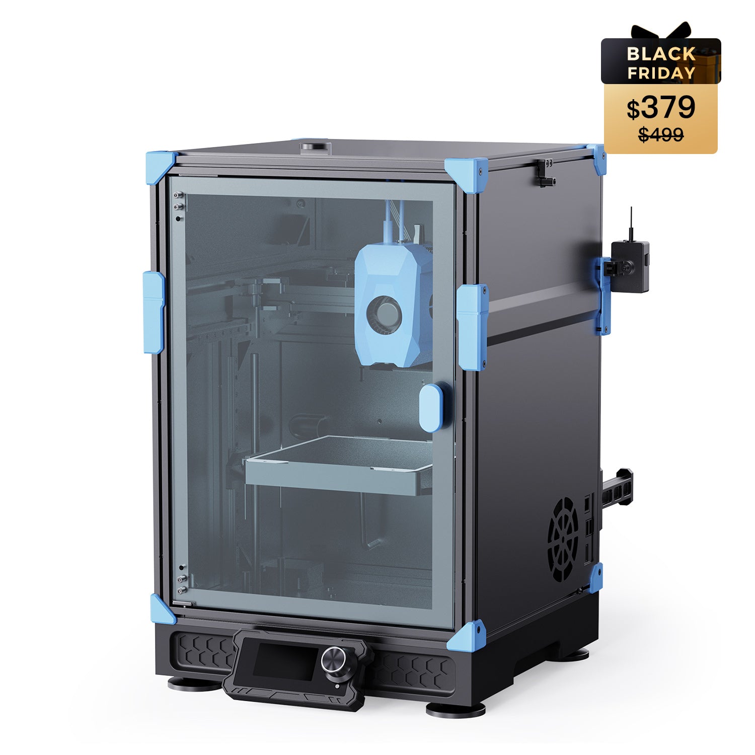 Sovol Zero 3D printer Black Friday promotion showing enclosed compact printer with glass door.
