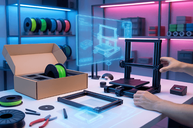 Beginner assembling a Sovol Zero 3D printer in a bright, high-tech workspace.