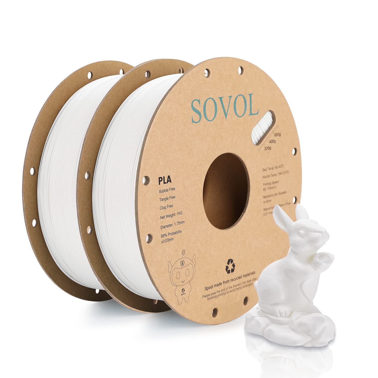 Sovol Black/White/Gray/Blue PLA 3D Printing Filament 2KG Cardboard Spool (4.4lbs)