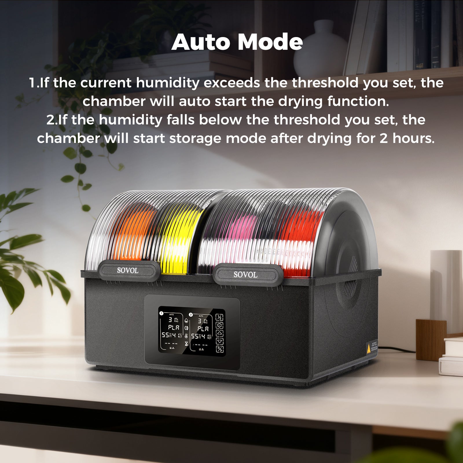Sovol SH03 filament dryer in auto mode for drying and storing filament spools.