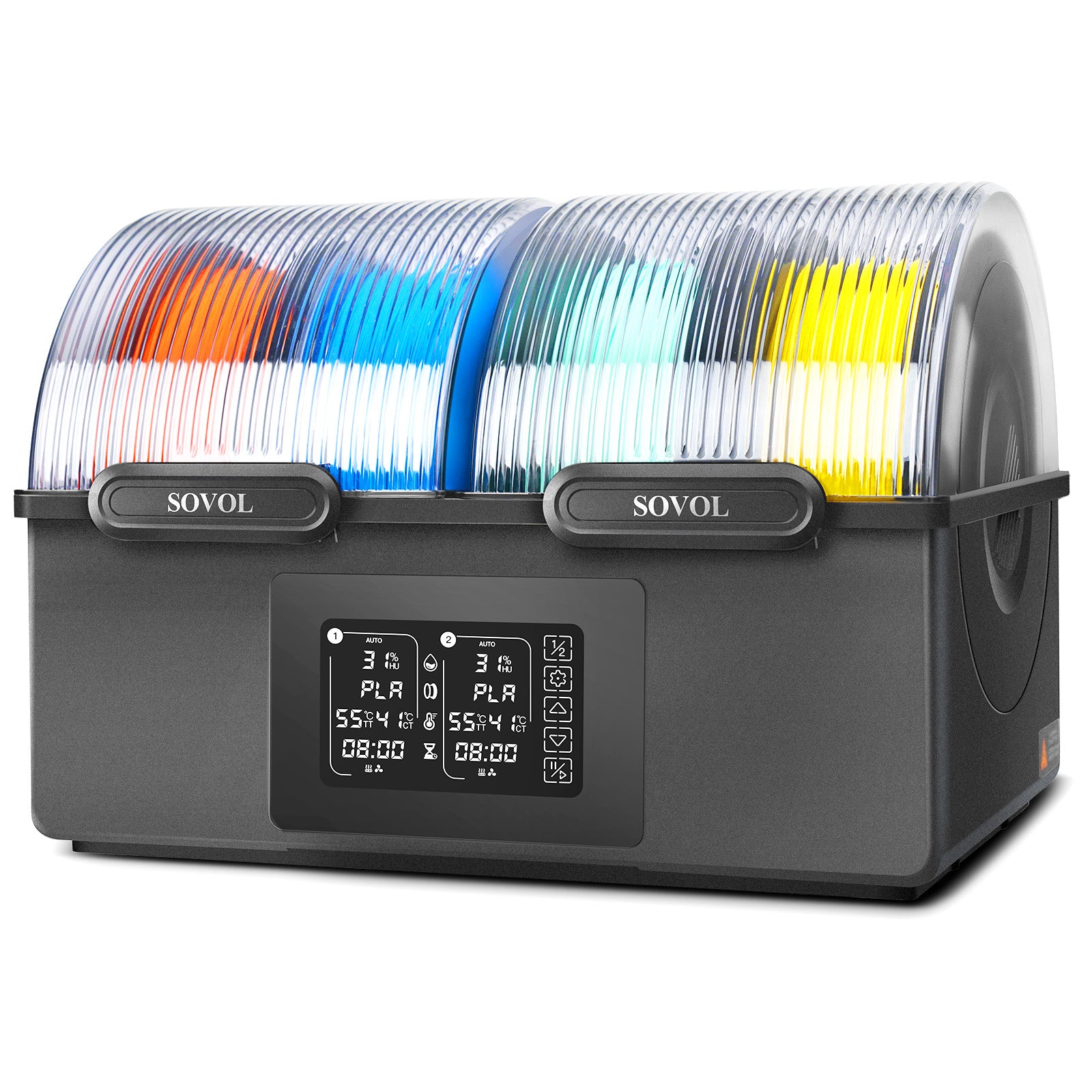 Sovol SH03 filament dryer holding four colorful filament spools on a white background