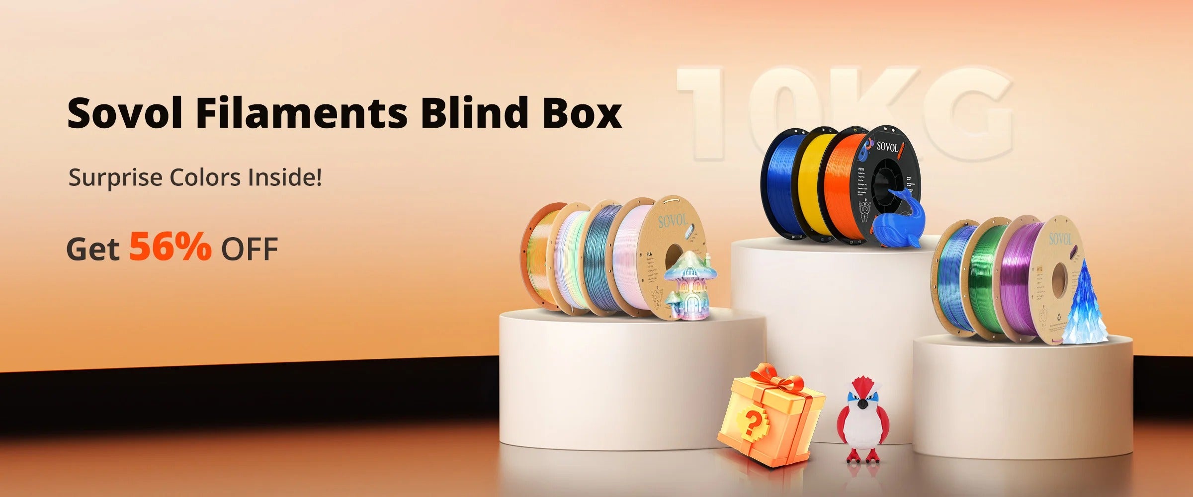 Colorful spools of Sovol 3D printer filament in a blind box deal offering 56% off and surprise colors.