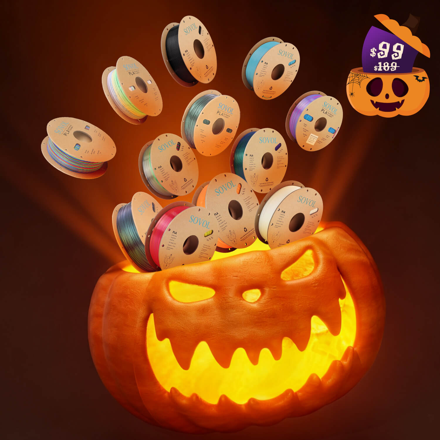 A glowing jack-o'-lantern filled with a variety of Sovol 3D printer filament spools for a Halloween sale bundle.