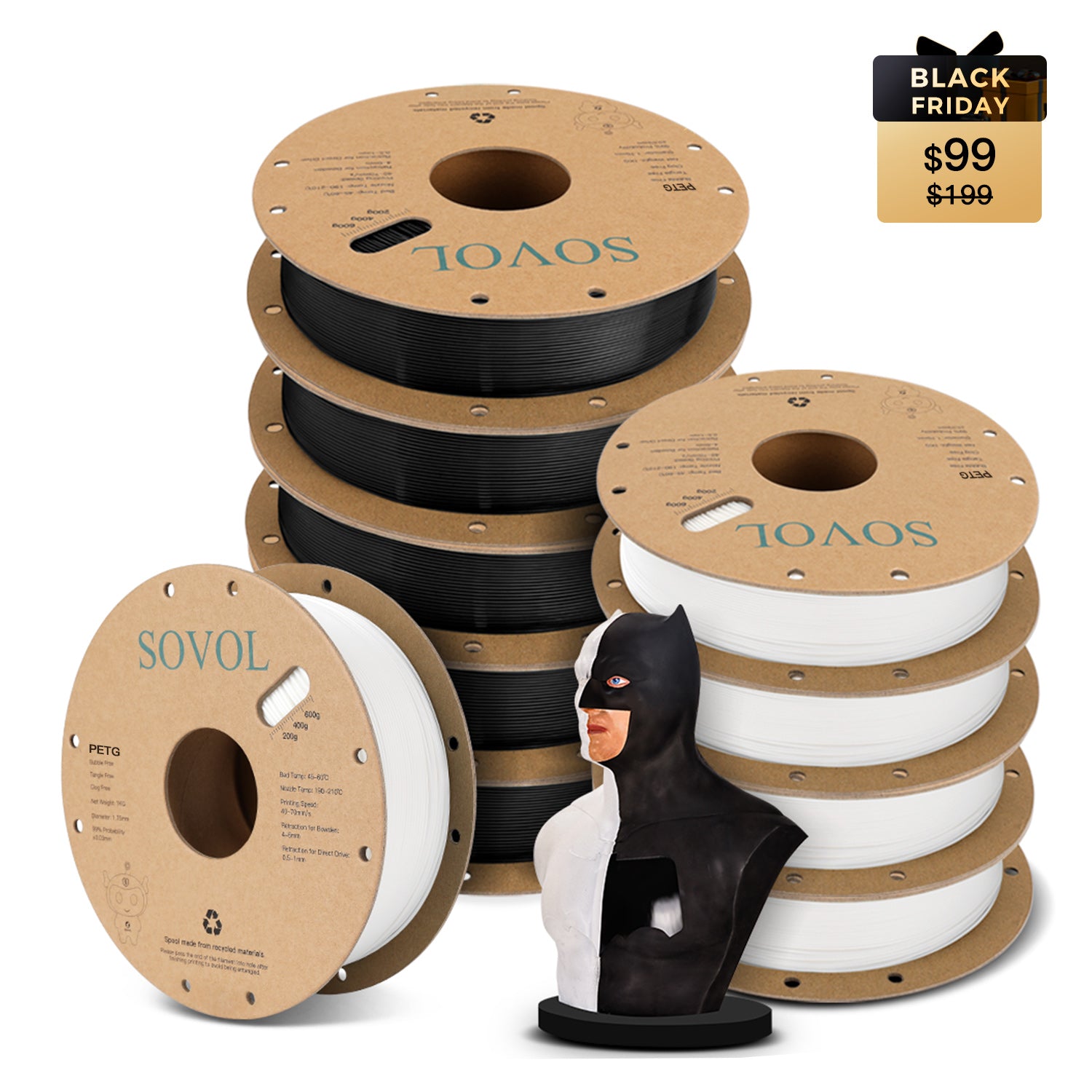 Sovol PETG 10kg 3D printer filament bundle Black Friday deal with black and white spools.