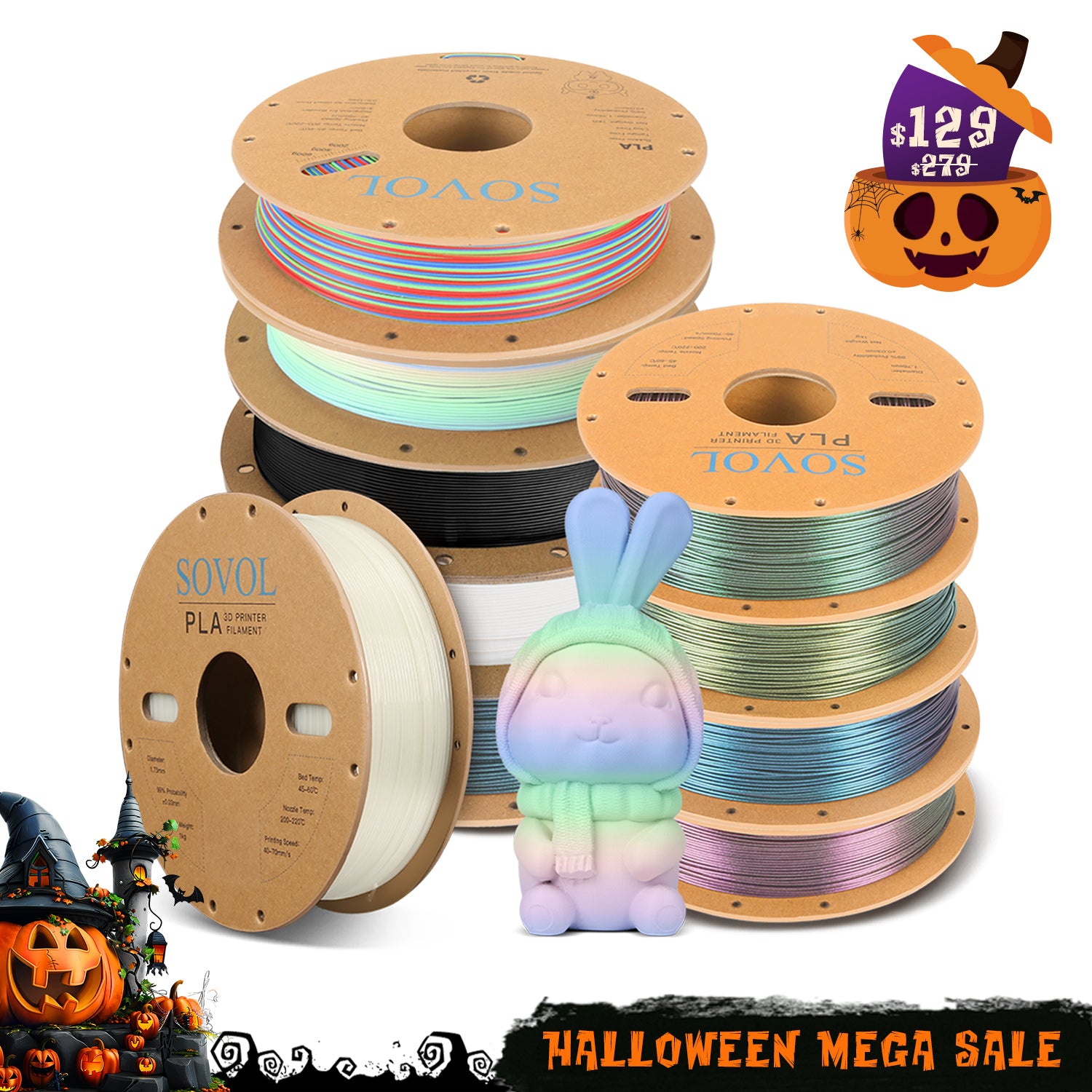 Several spools of high-quality Sovol PLA 3D printer filament with a Halloween sale badge.