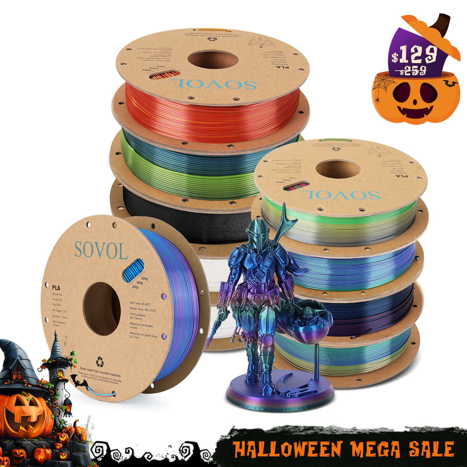 Colorful spools of shiny Sovol PLA Silk 3D printer filament, marked with a "Halloween Mega Sale" badge.