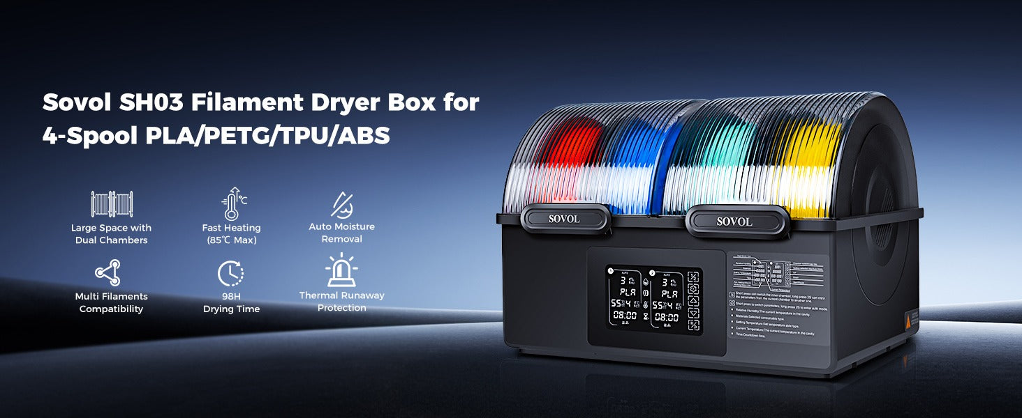 Sovol SH03 4-spool filament dryer box with dual chambers for drying PLA and PETG filaments.