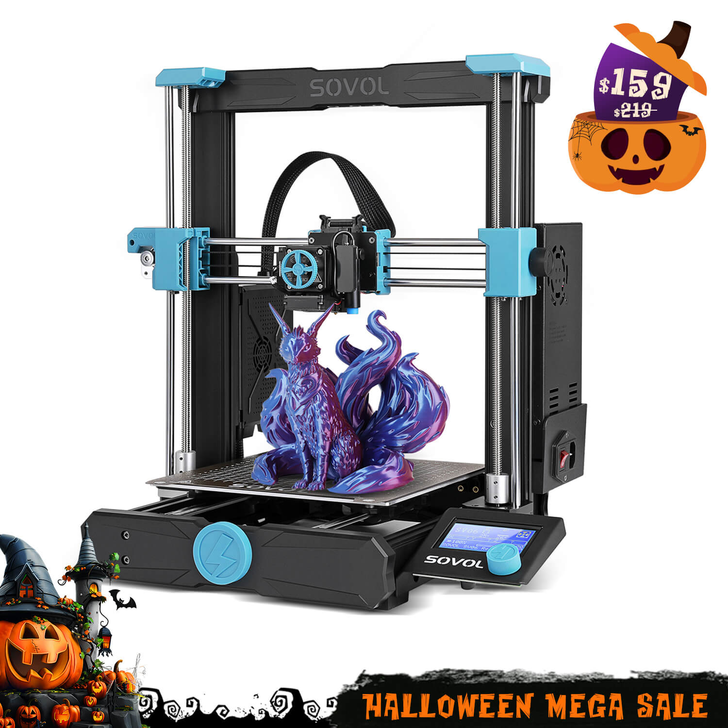 The standard Sovol SV06 3D printer, pictured with a blue printed model and a Halloween sale badge.