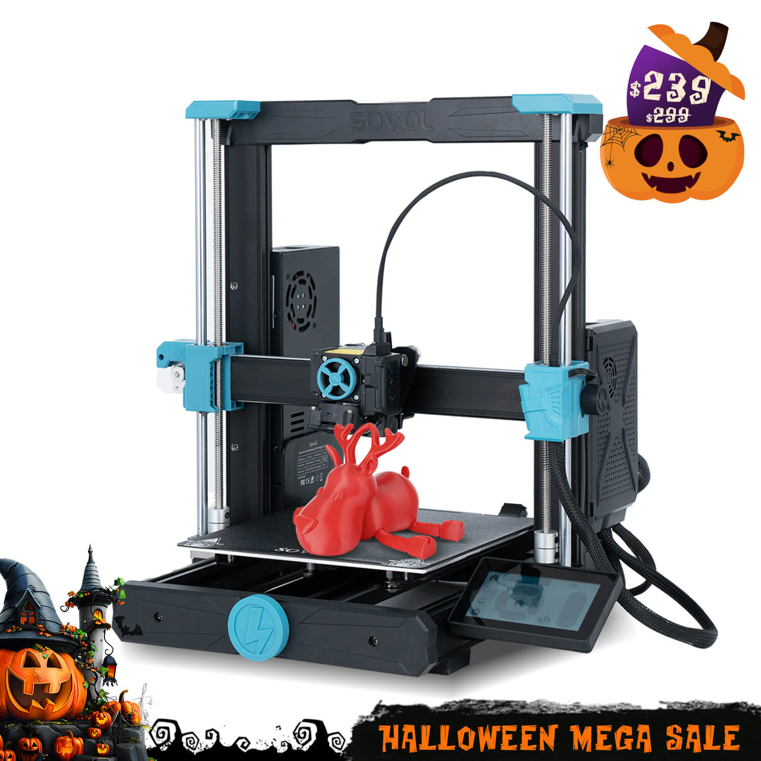 The Sovol SV06 ACE 3D printer shown with a Halloween sale badge in the corner.