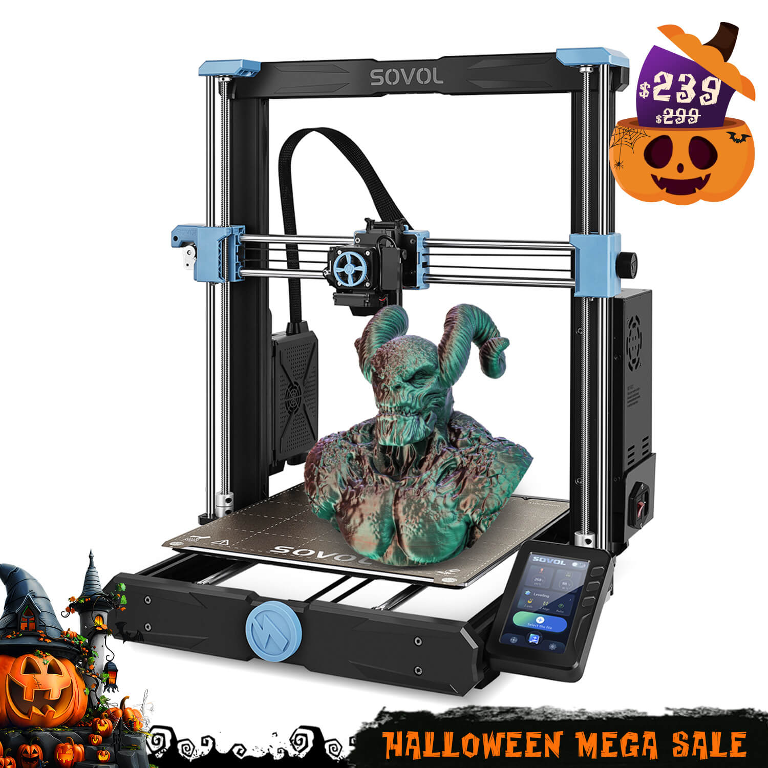 A Sovol SV06 Plus 3D printer with a green dragon model on the print bed and a Halloween sale badge.