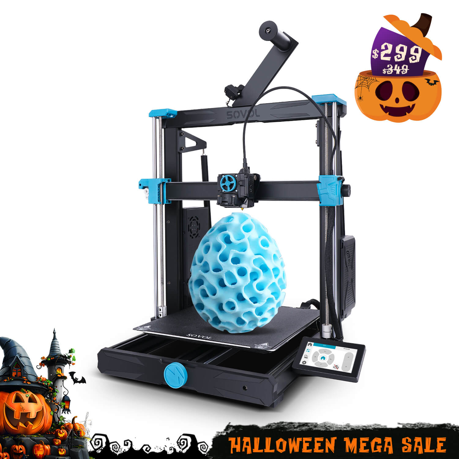 The Sovol SV06 Plus ACE 3D printer with a blue skull print and a Halloween sale badge.