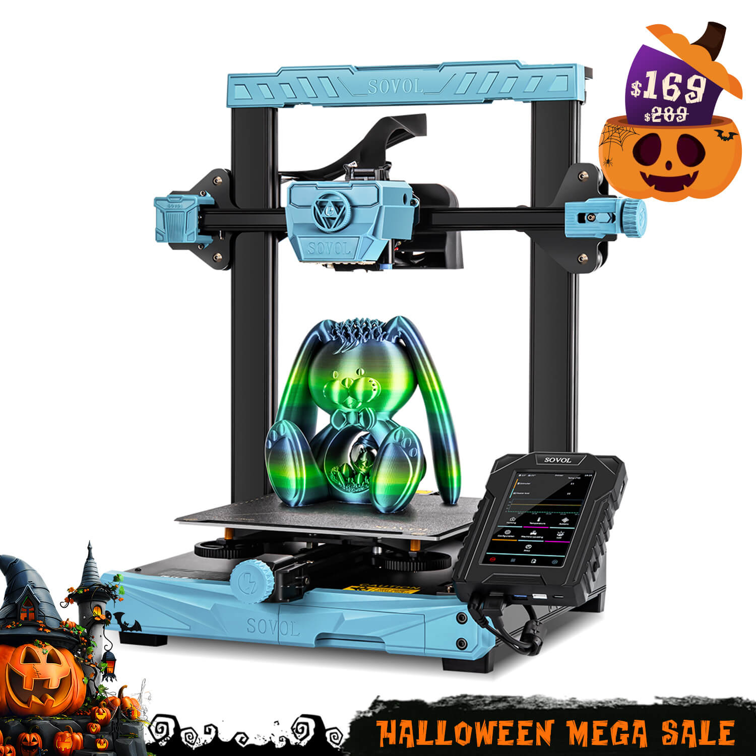 A Sovol SV07 3D printer with a green printed model and a "Halloween Mega Sale" badge.