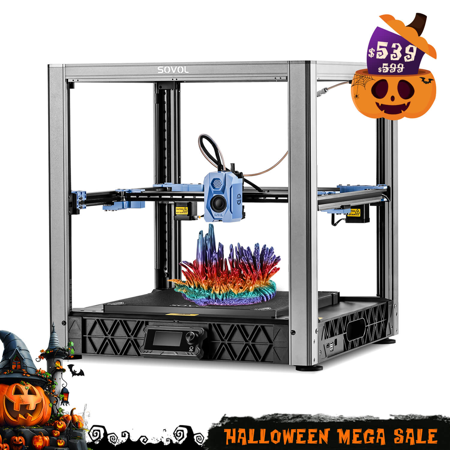 The enclosed Sovol SV08 3D printer, pictured with a "Halloween Mega Sale" badge.