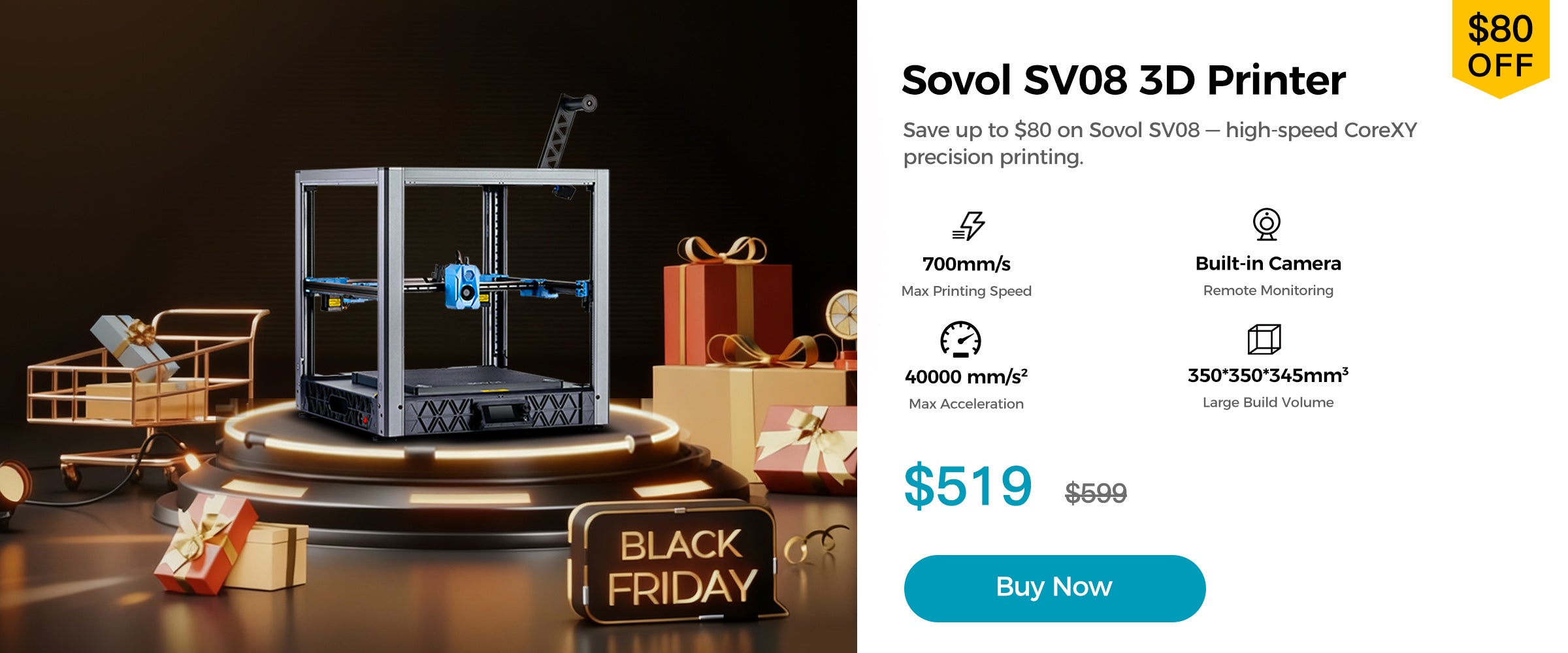 Sovol SV08 3D printer Black Friday desktop banner with CoreXY design and up to $80 off offer.