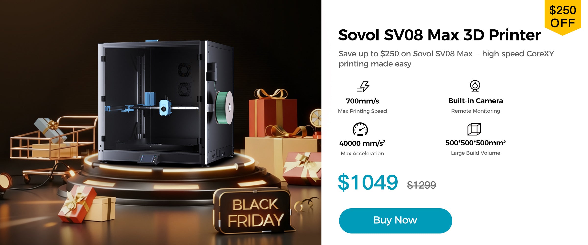 Sovol SV08 Max 3D printer Black Friday desktop banner highlighting large CoreXY printer and $250 off deal.