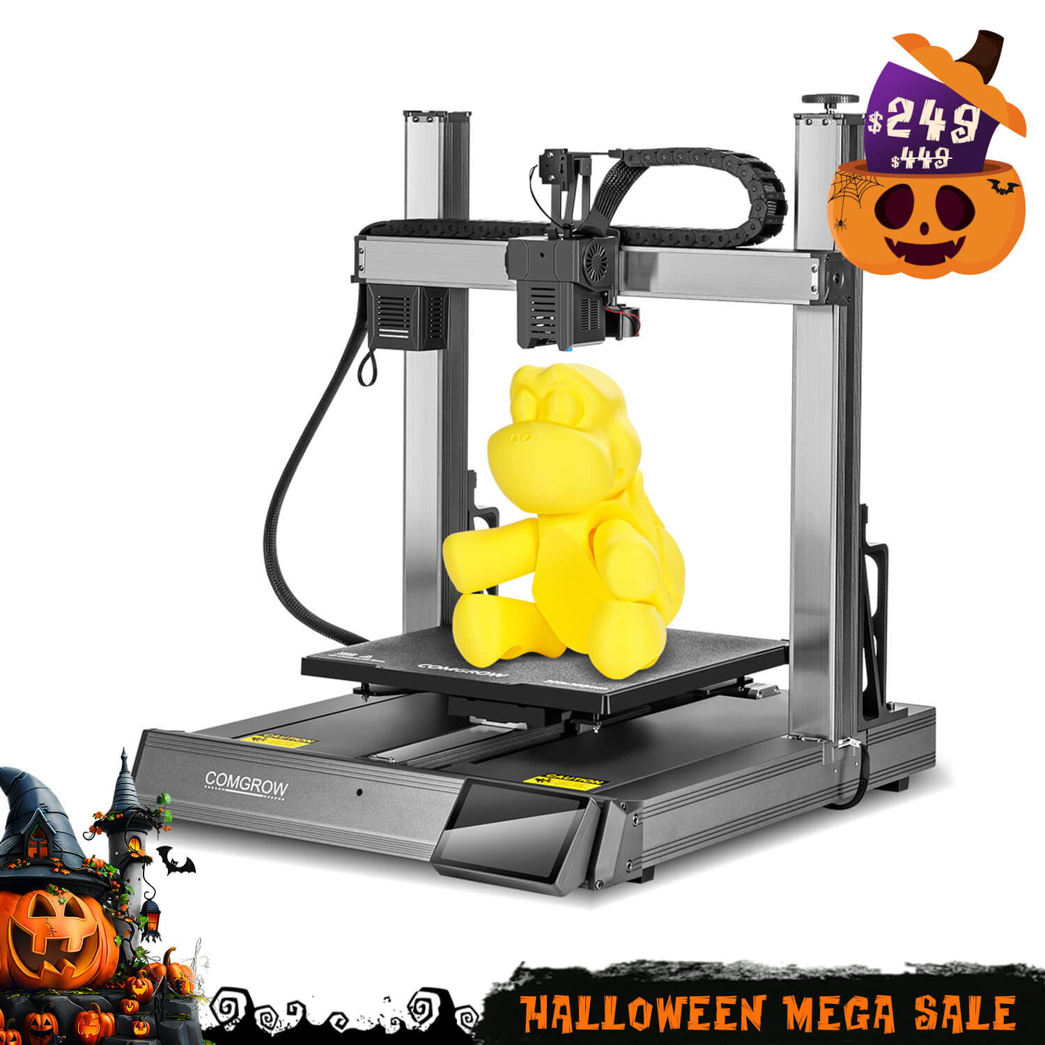 Sovol T300 3D printer displaying a yellow printed bear, with a Halloween sale badge.