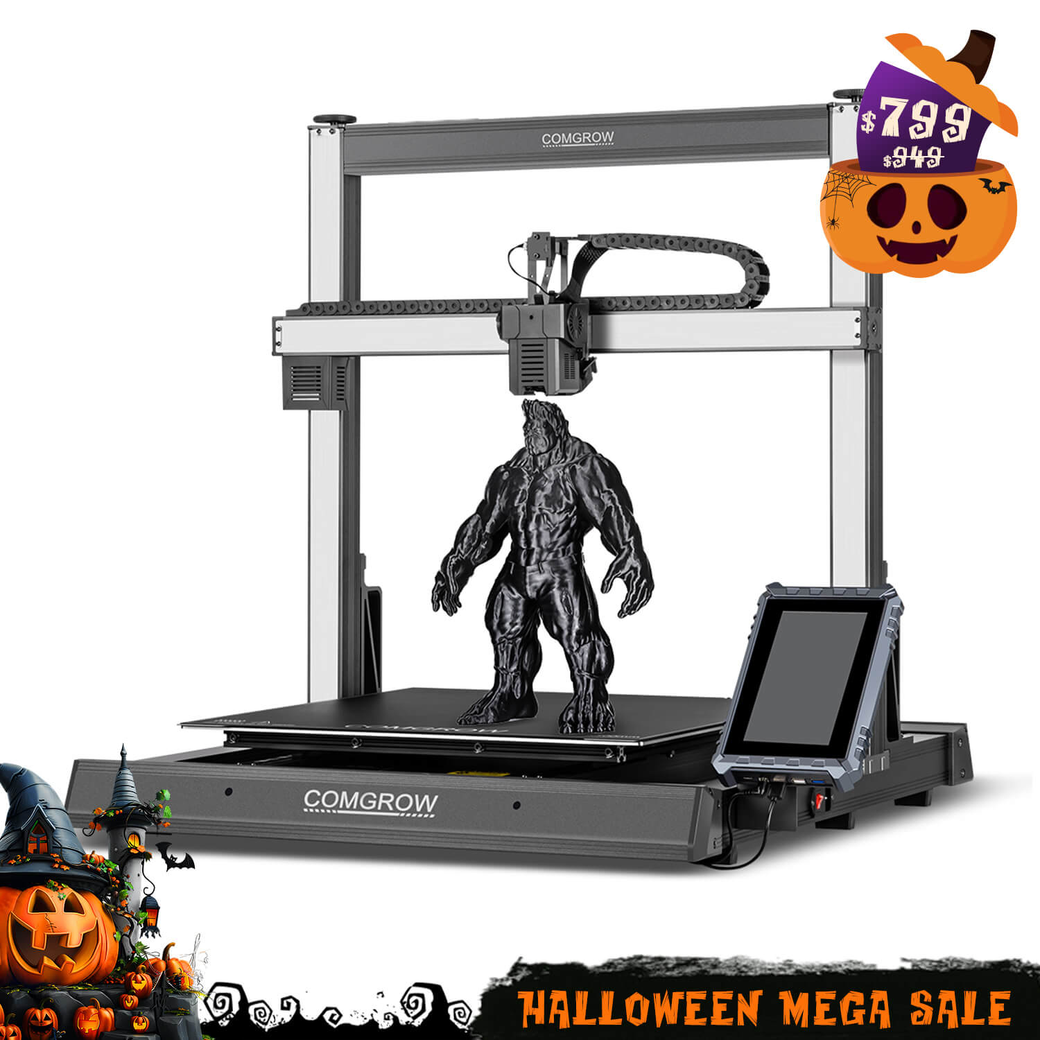 Sovol T500 large-format 3D printer with a printed figure and a Halloween sale badge.