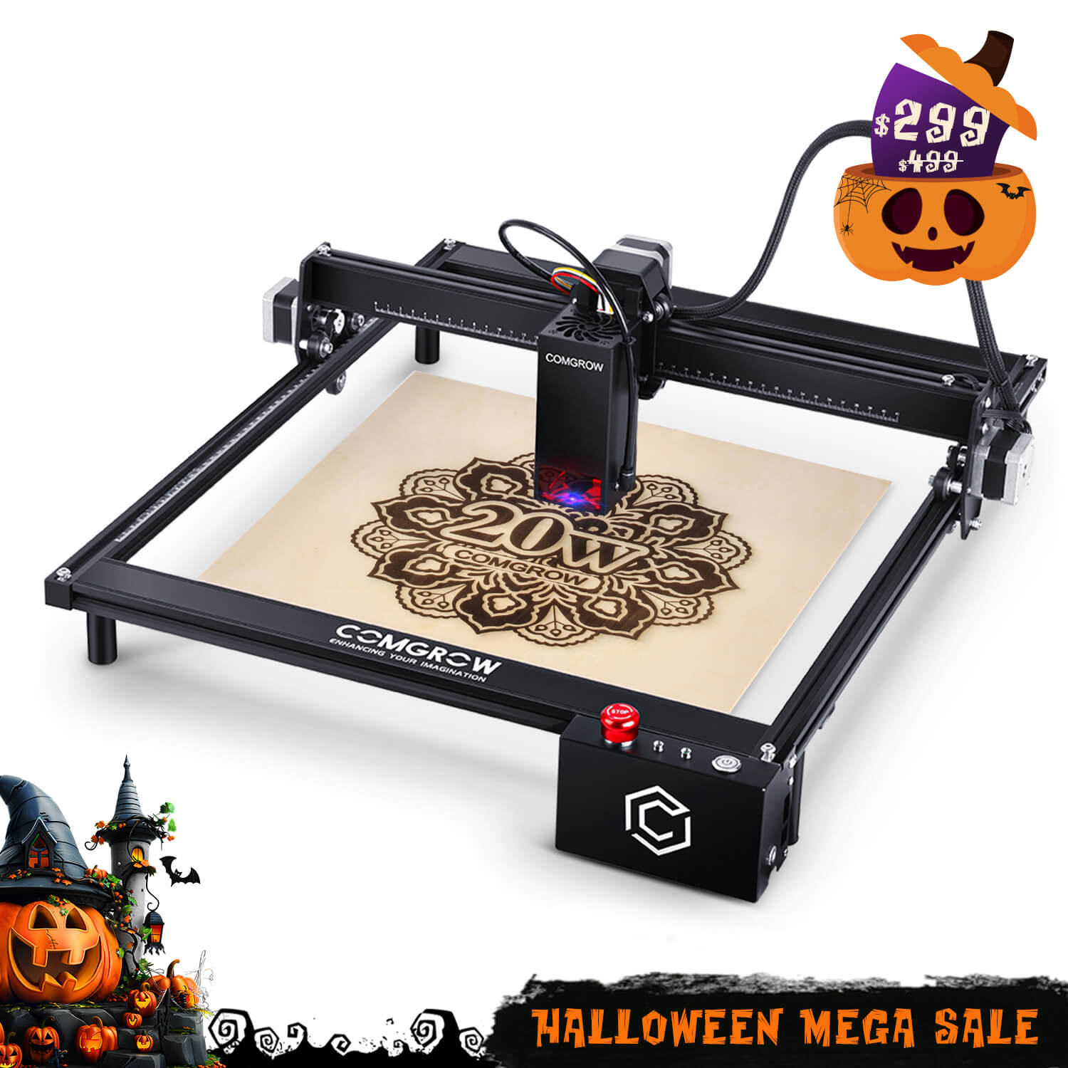 The Sovol Z1 PRO laser engraver with a detailed engraved sample and a Halloween sale badge.