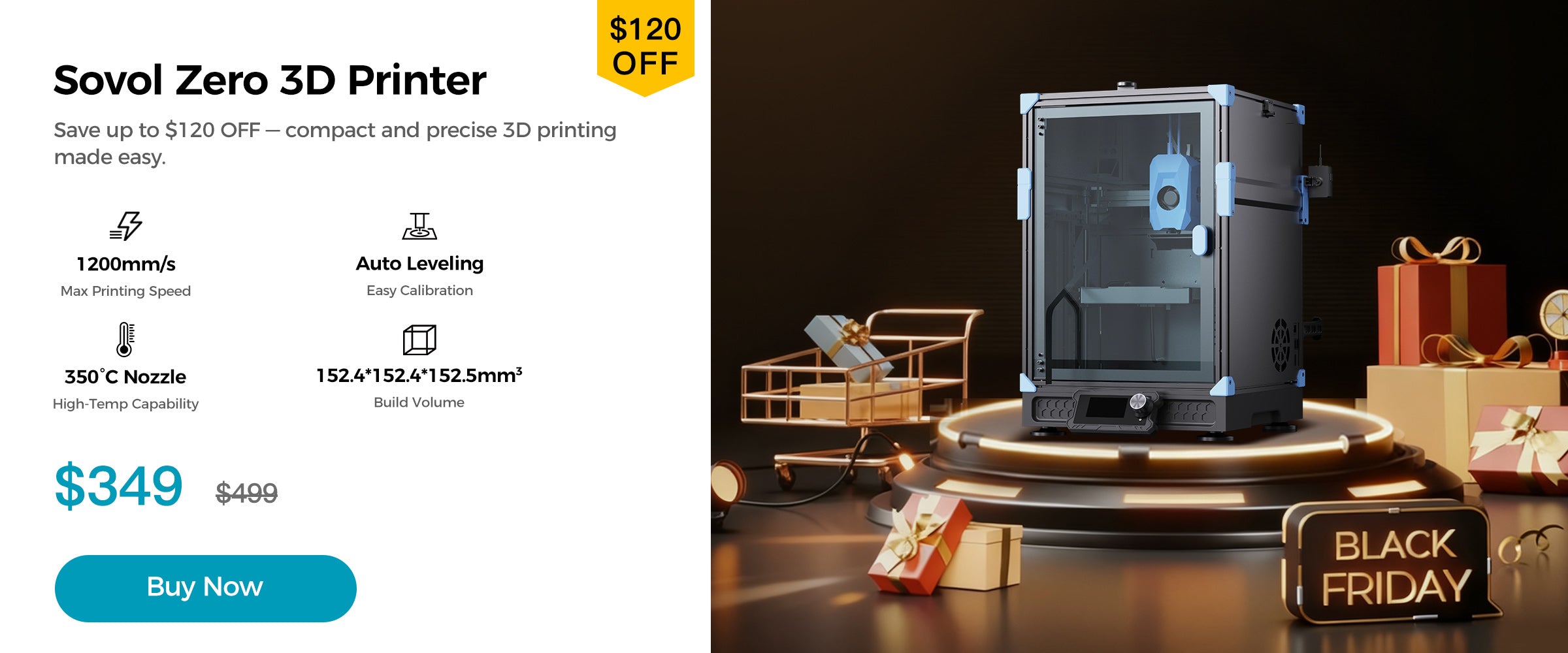 Sovol Zero 3D printer Black Friday desktop banner showing compact enclosed printer with $120 off offer.
