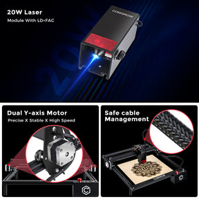 comgrow z1 pro laser engraver features 20W laser module with LD+FAC,dual Y-axis stable motor and safe cable management