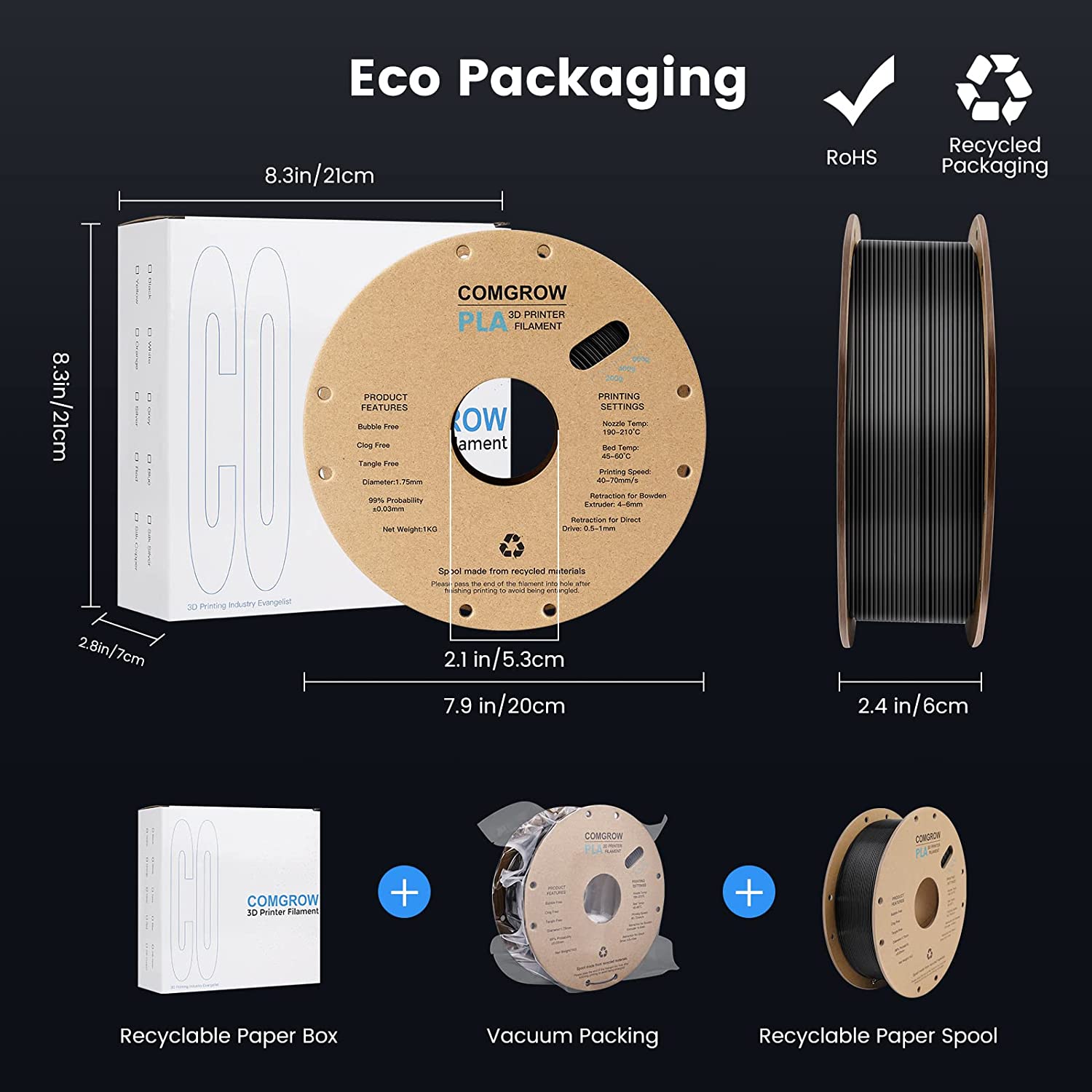 the size of comgrow pla 3d printer filament eco packaging