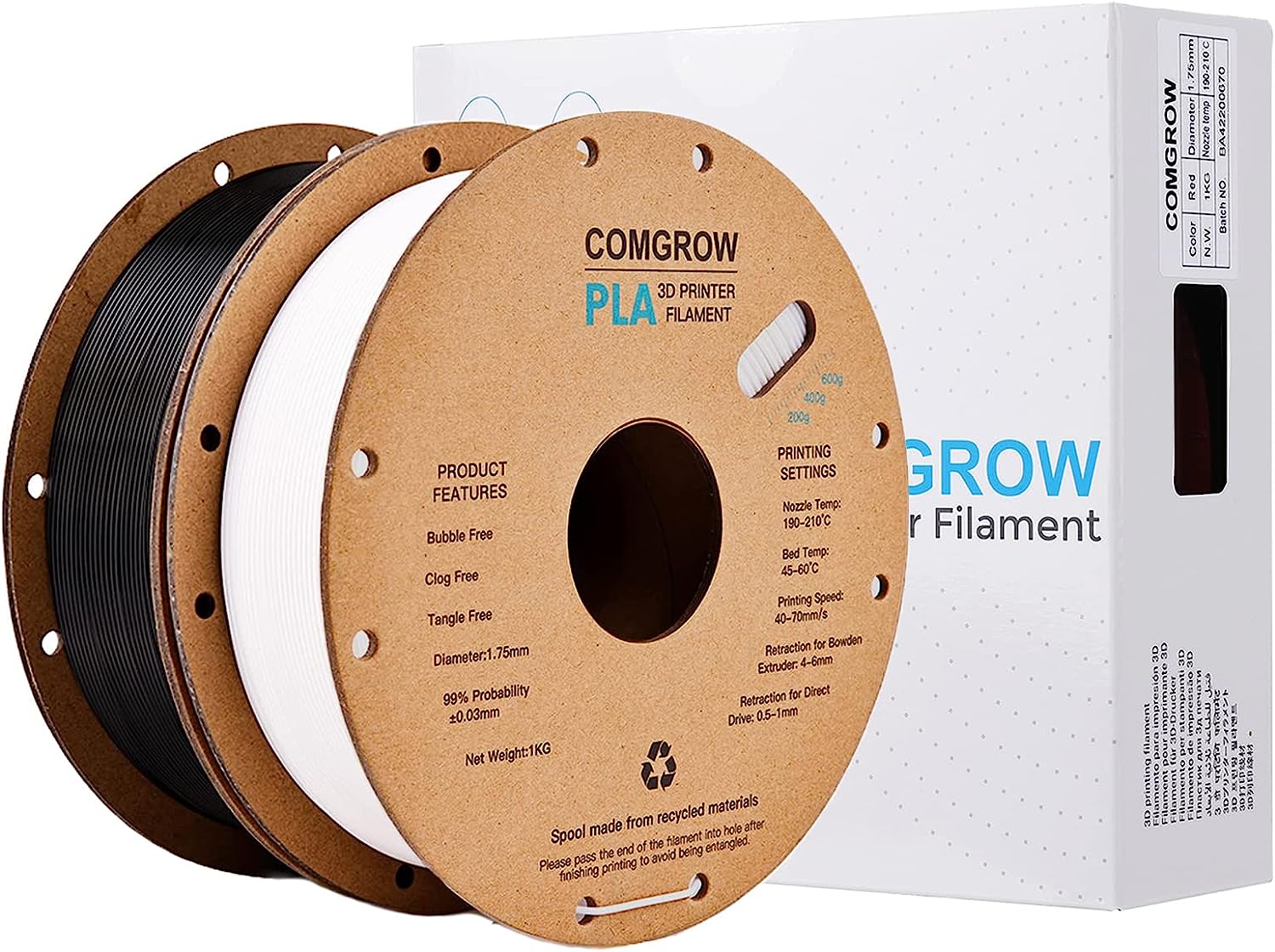 comgrow pla filament white 1kg with package